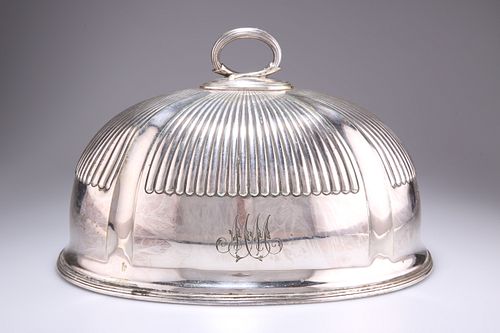 A VICTORIAN SILVER-PLATED MEAT COVER, oval, partially reeded, engraved with