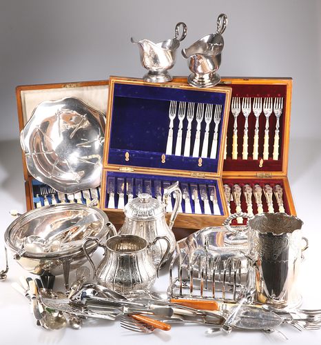 A LARGE COLLECTION OF SILVER-PLATE, including boxed flatware, breakfast war