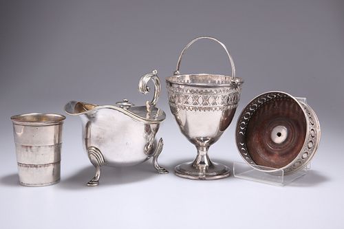 A GROUP OF SILVER-PLATE, including an Old Sheffield Plate sugar basket with