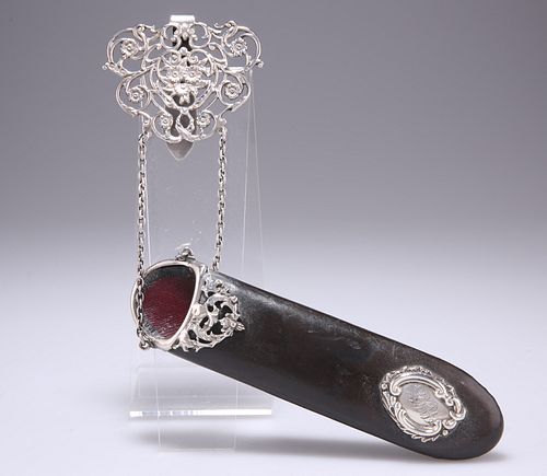 A LATE VICTORIAN SILVER-MOUNTED CHATELAINE GLASSES CASE, lacking maker's ma