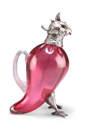 A LARGE SILVER-MOUNTED CRANBERRY GLASS NOVELTY CLARET JUG,?by E&J, London 2