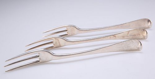 A SET OF THREE GEORGE I SILVER THREE-PRONG TABLE FORKS, by Paul Hanet, Lond