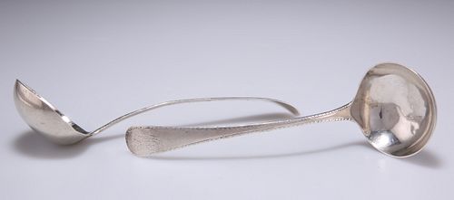 A PAIR OF GEORGE III SILVER FEATHER-EDGE SAUCE LADLES,?by Hester Bateman, L