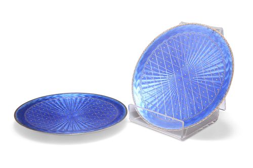 A STRIKING PAIR OF NORWEGIAN SILVER AND BLUE ENAMEL DISHES, by Jacob Tostru