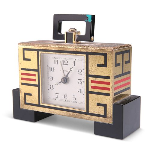 A GILT-BRASS AND ENAMEL ALARM CLOCK, IN THE ART DECO TASTE,?signed 'CARTIER