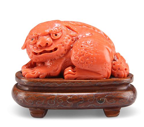 A 19TH CENTURY CHINESE CORAL CARVING OF A BUDDHISTIC LION, on a hardwood st