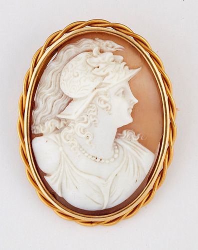 A 19TH CENTURY SHELL CAMEO BROOCH, carved depicting the bust of Athena, wit