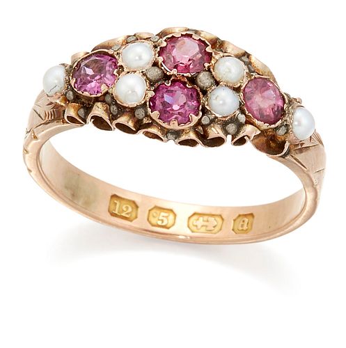 A 12 CARAT GOLD PINK TOURMALINE AND SEED PEARL RING, round-cut pink tourmal