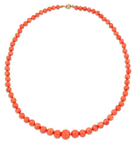 A CORAL NECKLACE, graduated coral beads knotted to a reeded ball clasp, mar