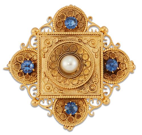 A VICTORIAN ETRUSCAN REVIVAL SAPPHIRE AND PEARL BROOCH, a pearl within a fa