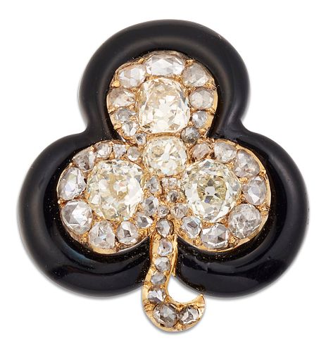 A VICTORIAN BLACK ENAMEL AND DIAMOND CLOVER BROOCH, set throughout with old