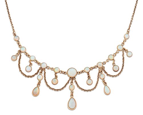AN EDWARDIAN STYLE OPAL NECKLACE, graduated round opals in bezel settings, 