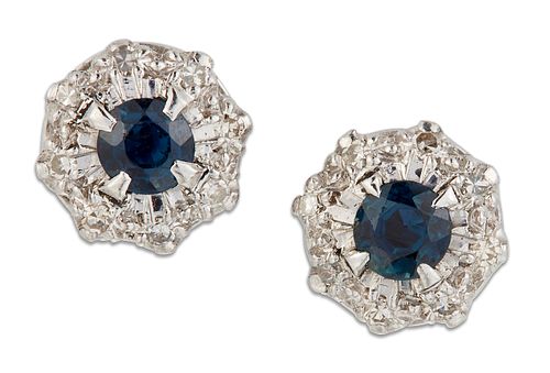 A PAIR OF SAPPHIRE AND DIAMOND CLUSTER EARRINGS, round-cut sapphires within