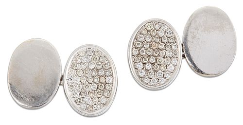 A PAIR OF 18 CARAT WHITE GOLD DIAMOND DOUBLE CUFFLINKS, each with one oval 