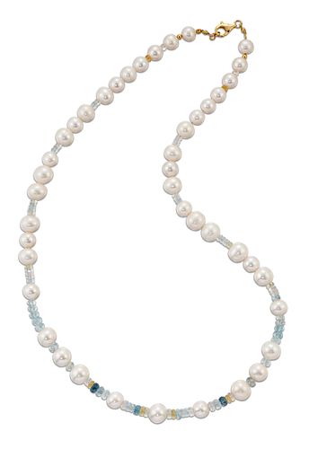 A CULTURED PEARL AND GEMSTONE BEAD NECKLACE,?cultured pearls spaced by grou