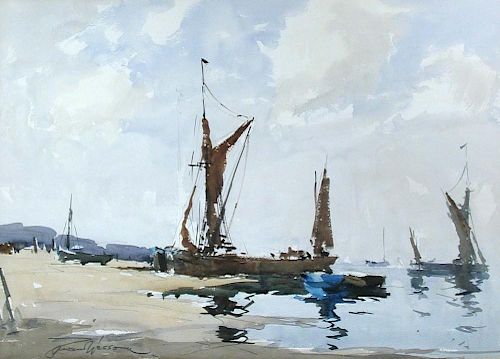 Edward Wesson (British, 1910-1983) Shorescape wtih sailing barges signed lower left "Edward Wesson"