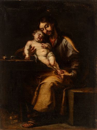 PEDRO ANASTASIO BOCANEGRA (Granada, 1638 - 1689) 
"San José with Child". 
Oil on canvas. Relined. 
It presents repainting and air bubble in the re-ent