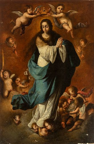 Workshop of BARTOLOMÉ ESTEBAN MURILLO (Seville, 1617 - Cadiz, 1682). 
"Immaculate Conception". 
Oil on canvas. Re-tinted.
