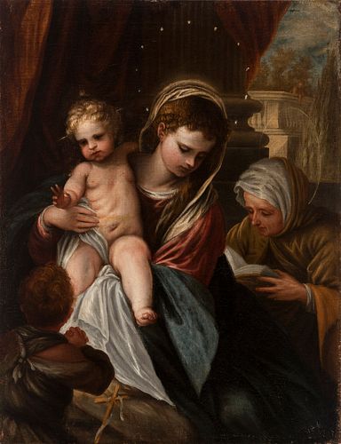 ANTONIO FRÍAS Y ESCALANTE Cordoba, 1633 - Madrid, 1669). 
“La Virgen con el Niño, San Juanito y Santa Ana”. 
Oil on canvas. Relining.