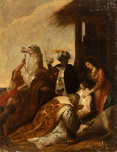 Genoese school; 17th century. Circle of VALERIO CASTELO (Genoa, 1624-17 February 1659).
"The Adoration of the Magi".
Oil on canvas. Relined in the 19t