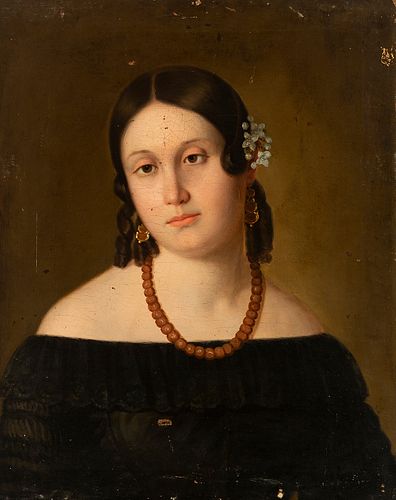 Circle of ANTONIO MARÍA ESQUIVEL Y SUÁREZ DE URBINA (Seville, 1806 - Madrid, 1857).
"Portrait of a Lady.
Oil on canvas. Relined