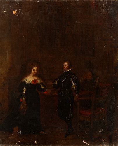 Spanish school; second half of the 19th century.
"Velázquez scene, possible portrait of Philip IV with Queen Mariana and a cardinal".
Oil on canvas.