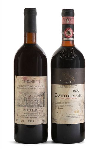 Set of two bottles: a Castello Di Ama, Vigneto Bellavista, vintage 1985 and a Chionetti Briccolero, vintage 1988.
Category: red wine Sangiovese and Do