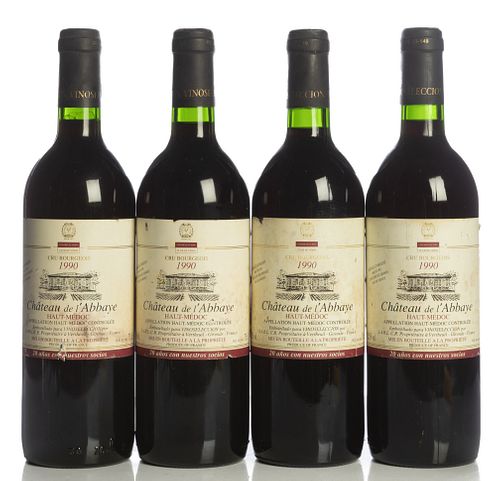 Four bottles Château de L'Abbaye Cru Bourgeois 1990.
Category: Red wine. Haut-Médoc.
Level: B.
