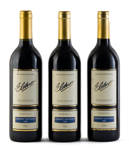 Three Elderton bottles, vintage 1999.
Elderton Wines.
Category: Cabernet Sauvignon red wine. Nurioopta, Barossa Valley (Australia).
Level: A.
750 ml.