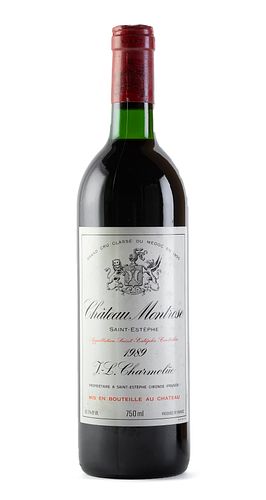 A bottle of Château Montrose, 1989.
Grand Cru Classé.
Category: red wine. Saint-Estèphe, Gironde (France).
Level: C.
750 ml.