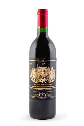 A bottle of Chateau Palmer, 1990 vintage.
Category: red wine. A.O.C. Margaux, Bordeaux (France).
Level: A.
0,75 cl.
