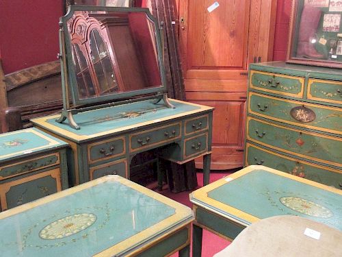 An extensive 1920's painted bedroom suite, comprising a wardrobe, a bow front chest of drawers, dres