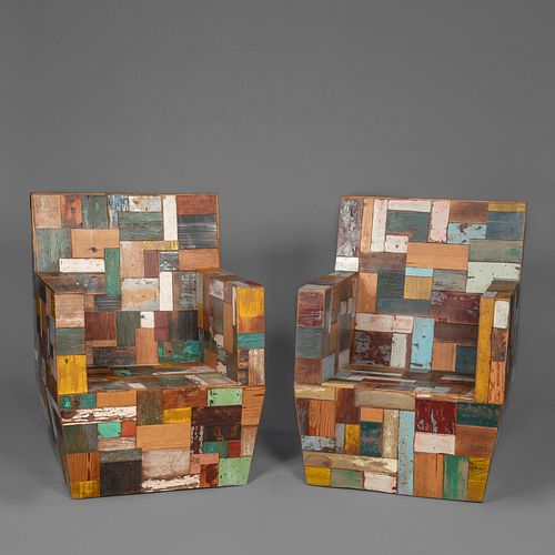 Pair of South American Patchwork Wood Armchairs, 20th Century
