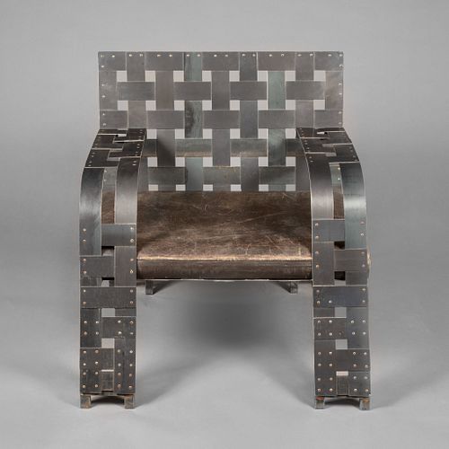 Tom Emerson, Woven Metal Chair with German Leather Cushion