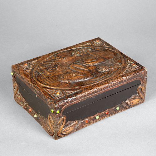 Arts and Crafts, Tooled Leather Box with Cabochons