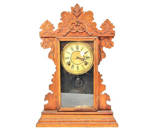 19th CENTURY WELCH CO. PRESSSED OAK MANTEL CLOCK