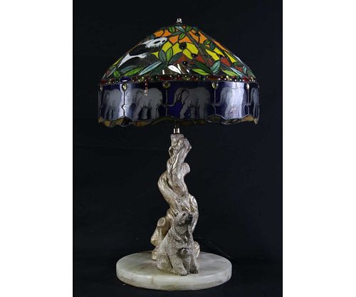 BRONZE POLAR BEAR WITH STAINED GLASS SHADE LAMP