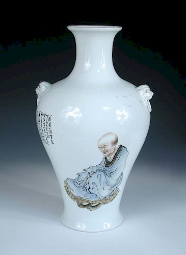 A baluster vase painted by Wang Qi (1884-1937), on one side a blue robed monk sits on a mat with his