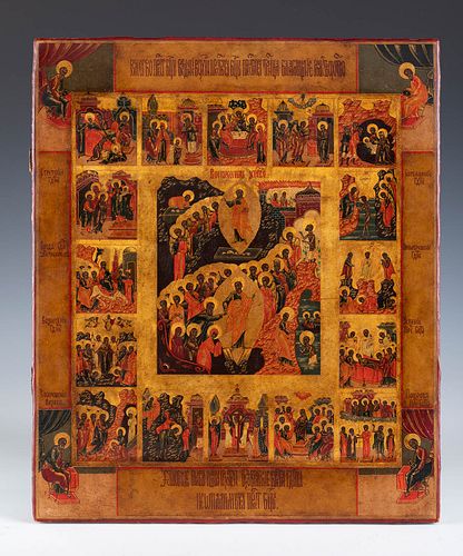 Russian School of Old Believers, late 17th century.
"Resurrection of Christ, Christ's Descent into Hell, and His Life in 16 hagiographic scenes".
Temp