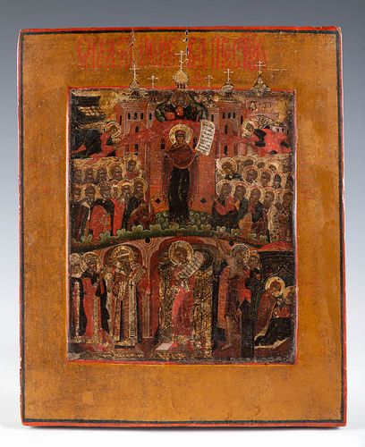 Russian school, probably of the Old Believers, 17th-18th cent. 17TH-18TH CENTURY.
"The Protection of the Mother of God", or "The Virgin of Pokrov".
Te