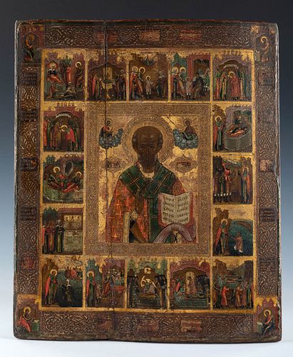 Russian school, of the Old Believers, 18th century.
"Saint Nicholas the Miraculous and his life in 16 hagiographic cells".
Tempera, gold leaf on carve