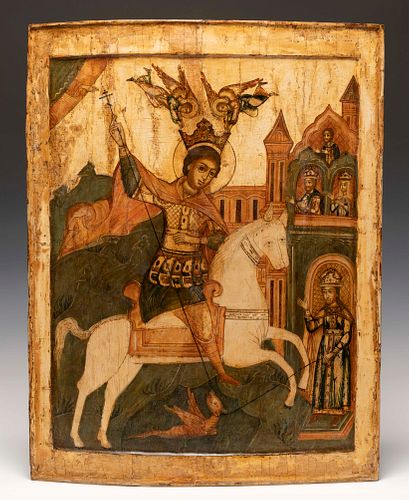 Northern Russian icon, 18th century.
"Saint George fighting the dragon".
Tempera and levkas on wood.