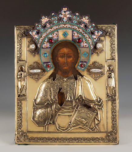 Russian school, 18th-19th century.
"Jesus Christ Almighty".
Tempera and gold leaf on panel. Embossed silver oklad, Volga pearls, garnets and enamel, M