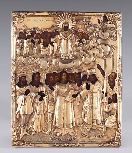 Russian school, 18th c. Silver Oklad, 19th century.
"The Protection of the Mother of God" or "The Virgin of Pokrov".
Tempera on panel. Silver oklad.