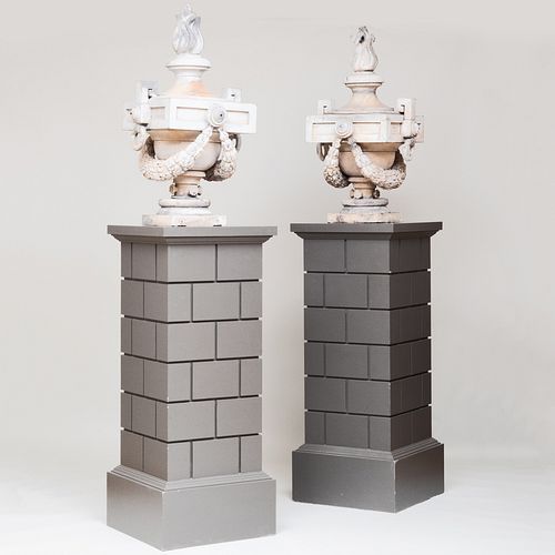 Fine Pair of Painted Flaming Zinc Urns on Rusticated Pedestals