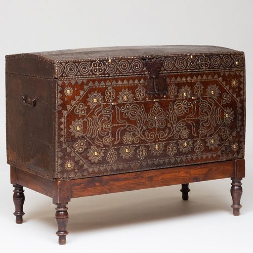Fine Indo-Dutch Baroque Brass-Studded Leather Trunk on Stand
