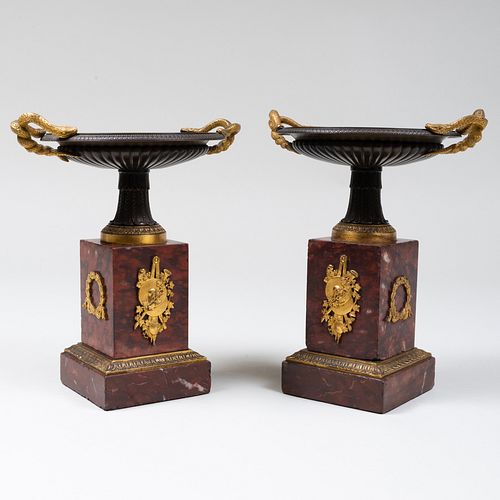 Pair of French Parcel-Gilt Bronze and Marble Tazze