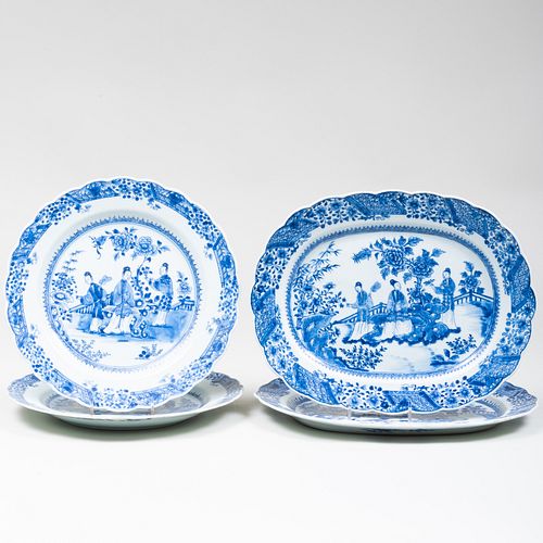 Pair of Chinese Export Blue and White Porcelain Platters and a Pair of Chargers