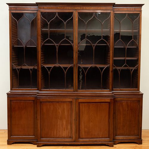 George III Mahogany Breakfront Bookcase, in the Neo-Gothic Taste