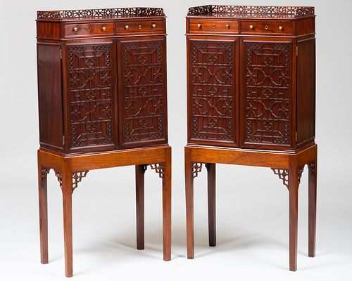 Pair of Small George III Mahogany Fretwork Cabinets on Stands